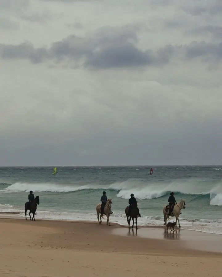 Riders enjoy a serene beach horseback experience under a cloudy sky.