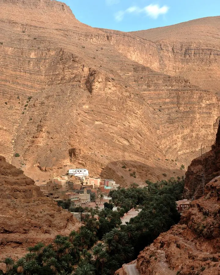 Picturesque oasis nestled in the rugged mountains of Tamanarte, Morocco.